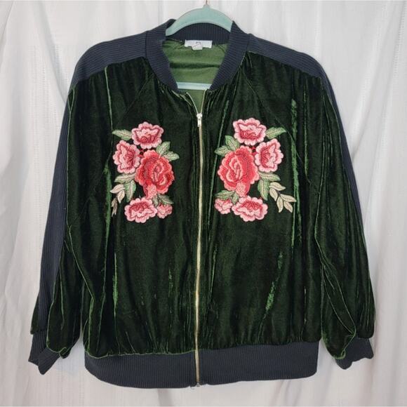BP Hunter Green Velvet and Red Floral Bomber Jacket, Sz XS - Picture 1 of 6